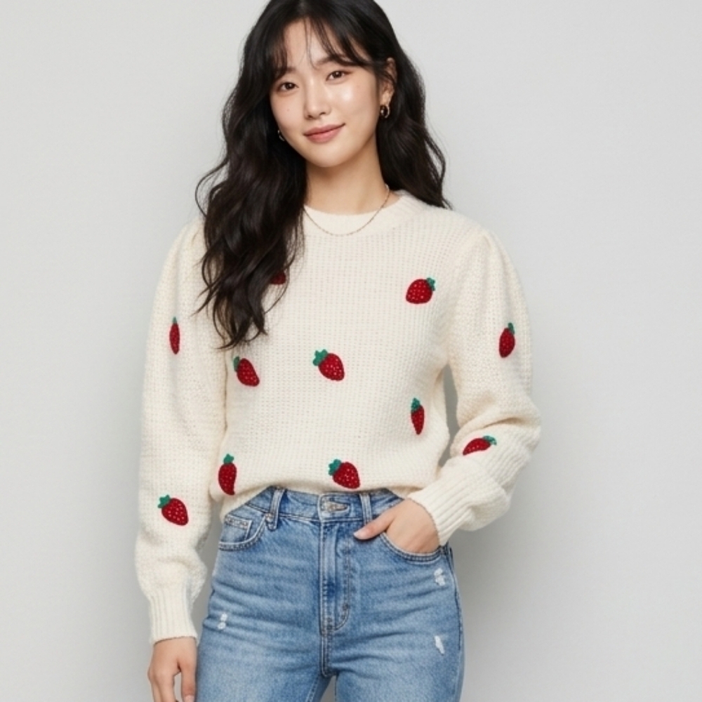 MNG 3D Strawberry Knit Puff Sleeves Size Medium Soft Fuzzy Cozy